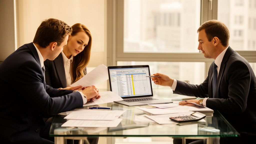 Equipe empresarial reunida revisando documentos financeiros em escritório moderno com luz natural.