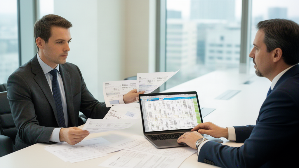 Advogado e CFO revisando extratos e planilha em sala corporativa, luz natural