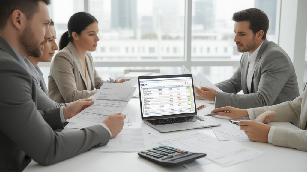 Equipe empresarial analisando extratos bancários e planilha em escritório moderno