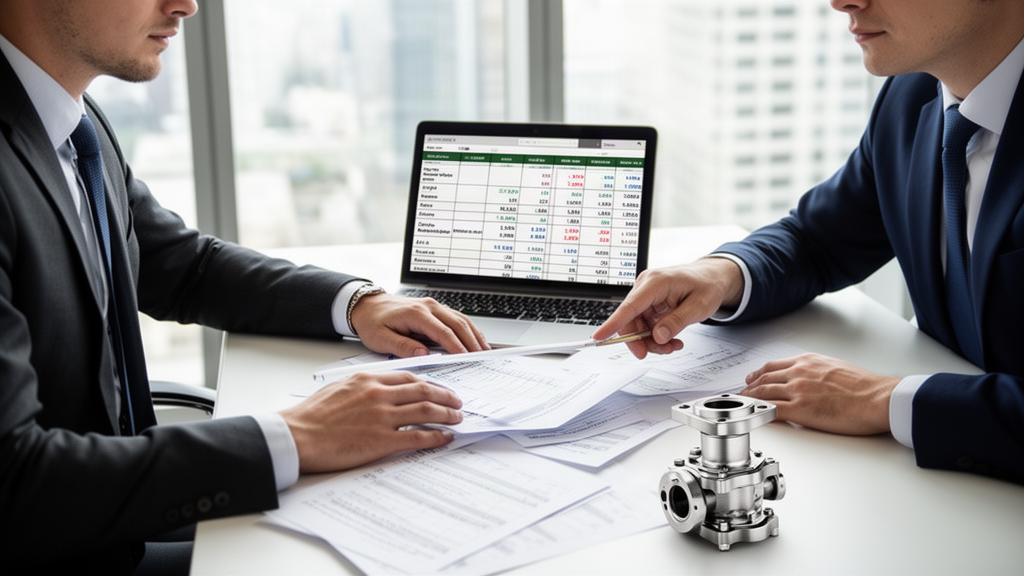 Duas pessoas em escritório empresarial analisando planilha financeira com peça de máquina na mesa
