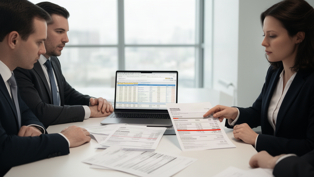 Equipe empresarial analisando extratos bancários e planilha em escritório moderno