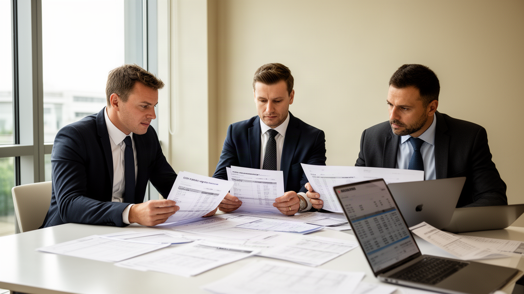 Equipe empresarial e contábil analisando extratos e planilhas em sala clara