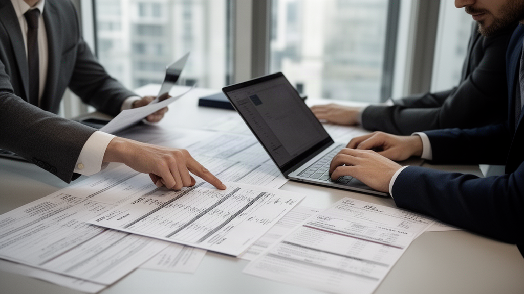 Dupla de executivos em escritório analisando extratos e planilhas financeiras sobre uma mesa