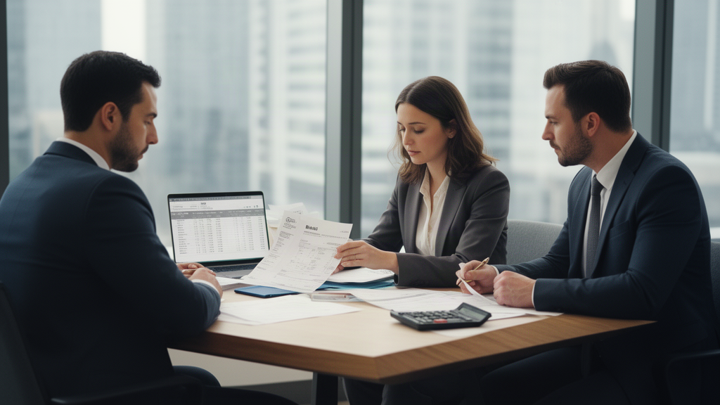Equipe empresarial analisando extratos e planilha para contestar tarifas bancárias após renegociação
