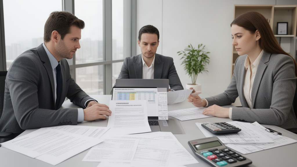 Equipe empresarial analisando contratos e extratos bancários em mesa de reunião iluminada