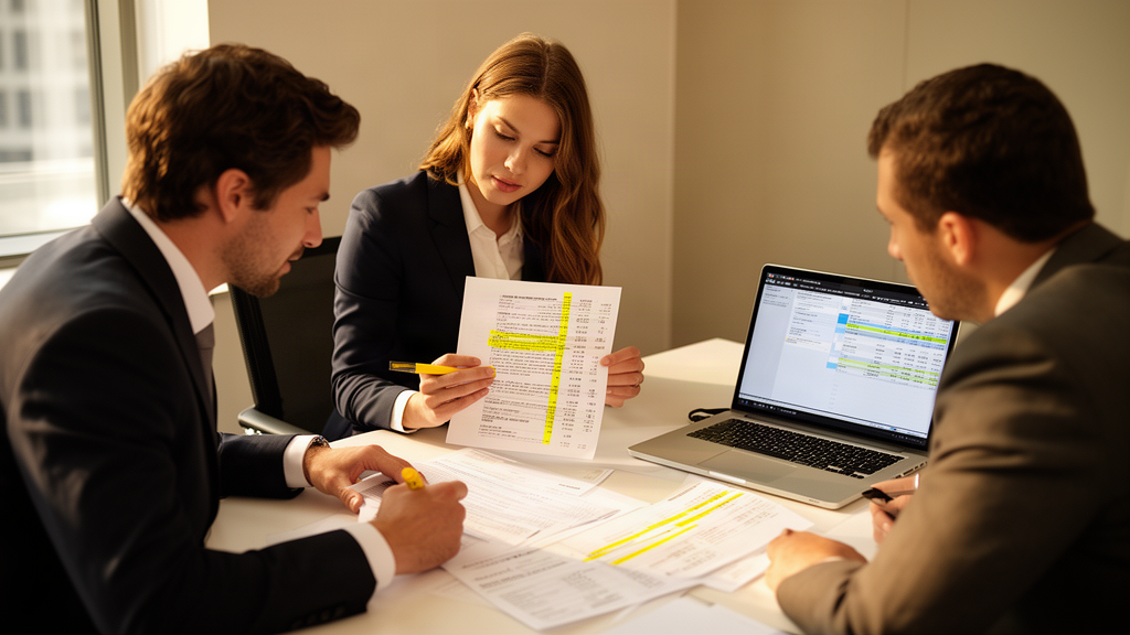 Equipe empresarial analisando extratos e contrato bancário em sala iluminada