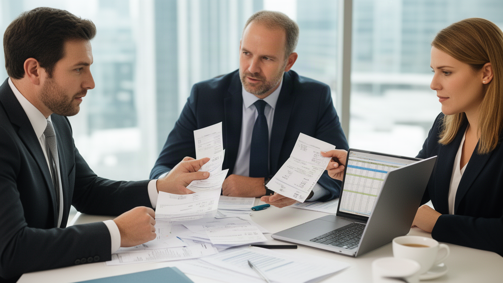 Profissionais analisando extratos bancários e planilha em reunião corporativa, luz natural