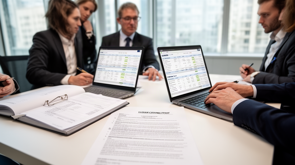 Equipe empresarial analisando extratos e contrato bancário em reunião no escritório