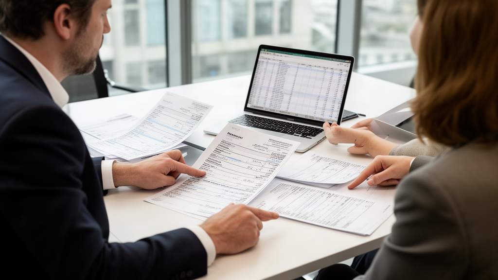 Equipe empresarial analisando extratos e planilha em reunião para identificar tarifas bancárias ocultas