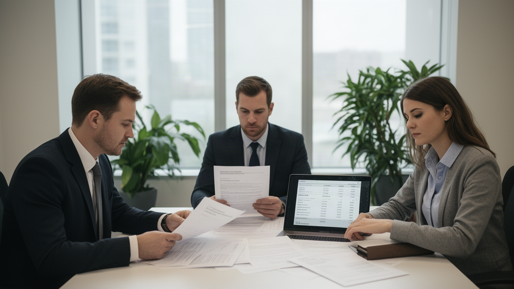 Profissionais em reunião empresarial revisando contratos e extratos bancários em ambiente corporativo iluminado