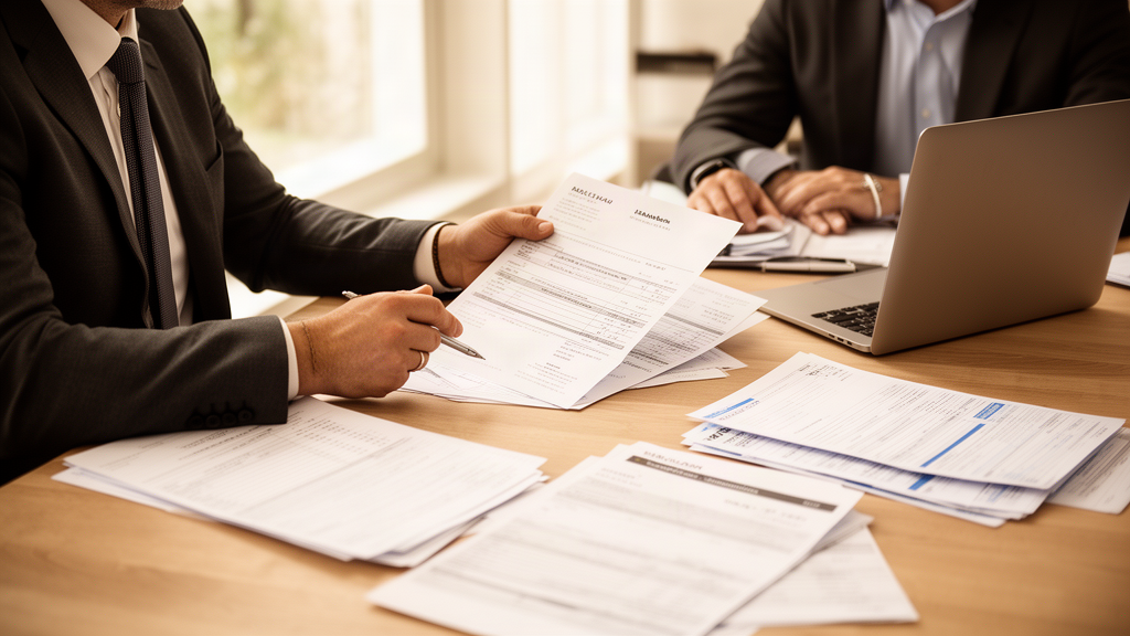 Advogado e empresário analisando contratos, notas fiscais e extratos em mesa de escritório