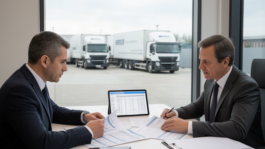 Empresário e advogado revisando contratos de financiamento com caminhões da empresa ao fundo