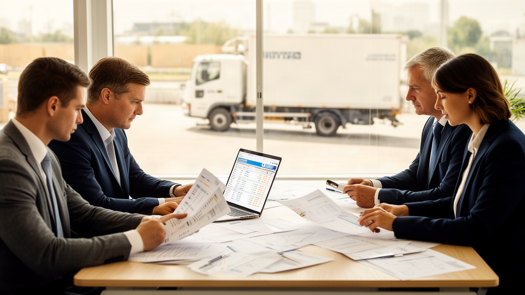 Advogado e gestores empresariais analisando extratos e contratos no escritório com caminhão visível ao fundo