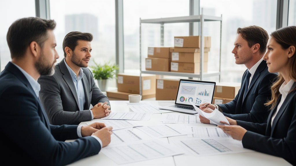 Executivos e gerente bancário analisando contratos e planilhas de estoque em escritório corporativo com prateleira de mercadorias ao fundo.