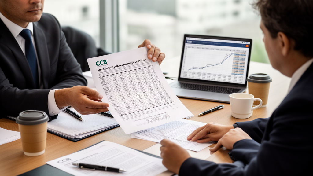 Advogado e empresário analisando planilha de dívida e CCB em sala corporativa