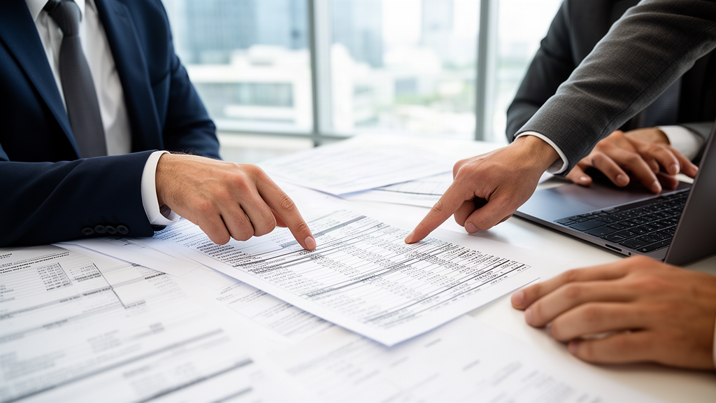 Equipe empresarial revisando contratos bancários e extratos em escritório claro
