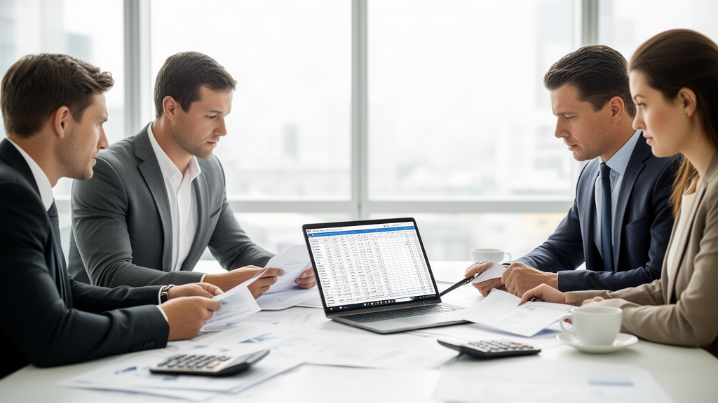 Equipe empresarial revisando planilha financeira e contratos em escritório com iluminação natural.