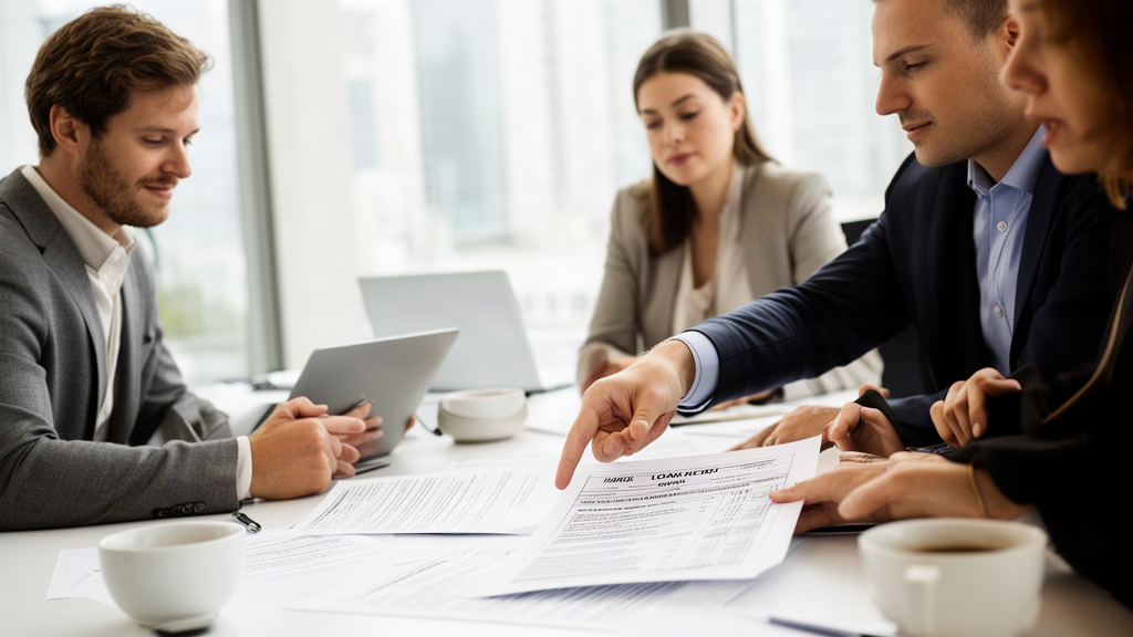Executivos em reunião revisando contrato bancário em ambiente corporativo claro