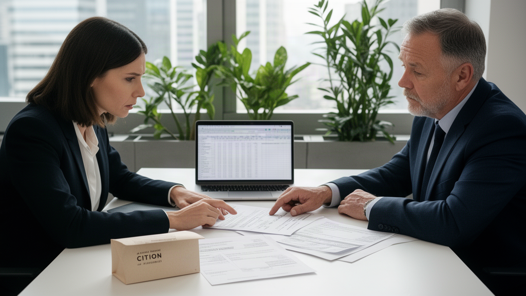 Advogado e sócio garantidor analisando contratos e extratos em escritório corporativo