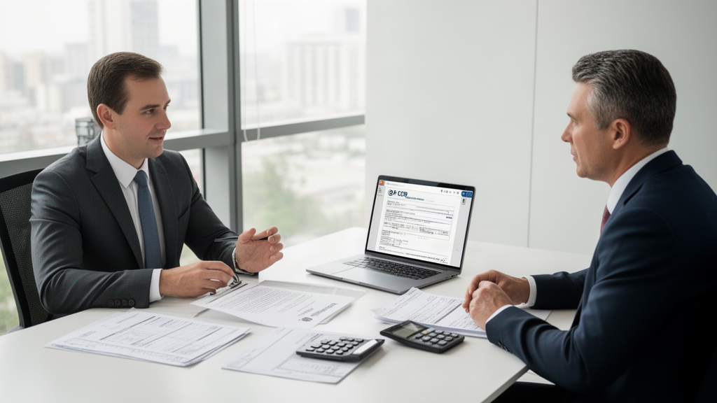 Advogado e sócio analisando contratos bancários e extratos em escritório corporativo iluminado