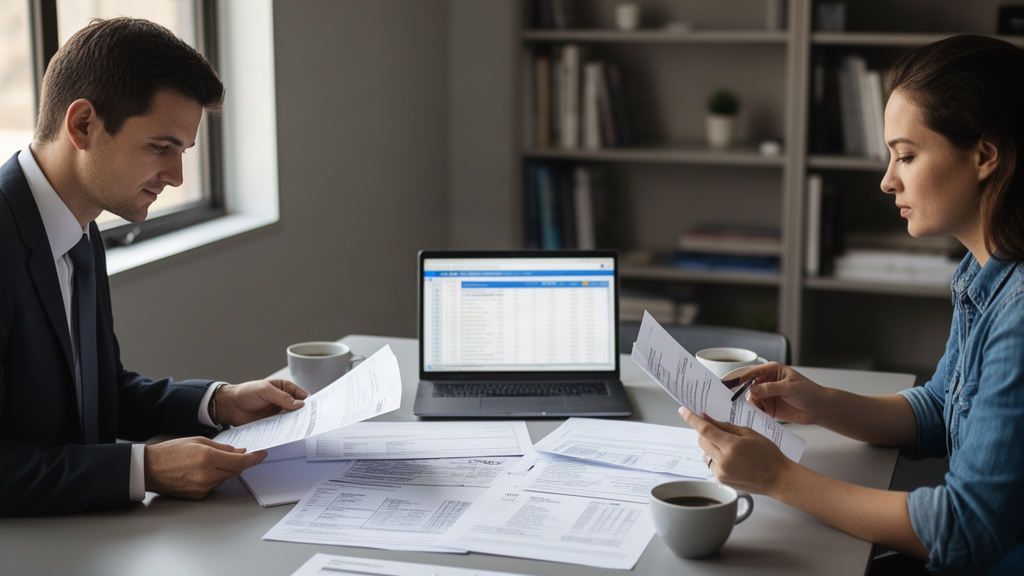 Advogado e empresário revisando contratos e extratos bancários em sala corporativa