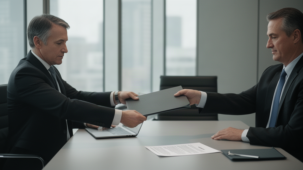 Advogado e empresário em reunião, analisando contrato e documentos em mesa de escritório