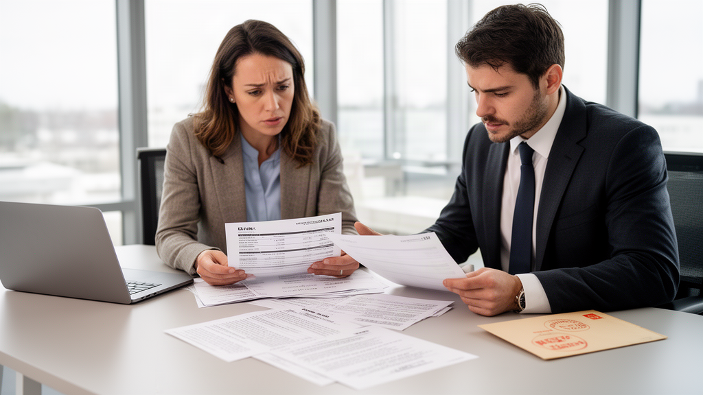 Advogado e empresário analisando documentos bancários em escritório corporativo