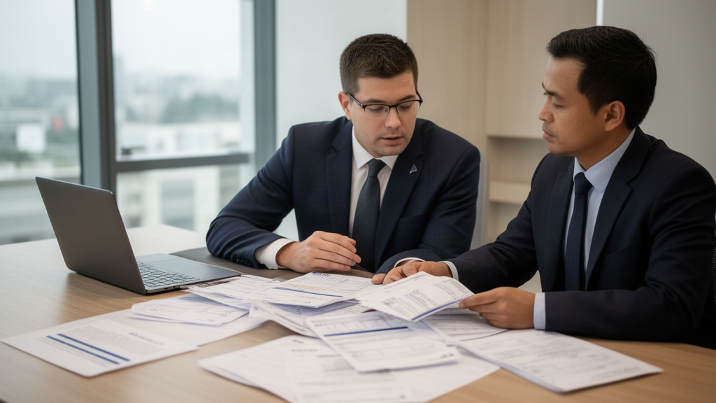 Advogado e sócio analisando contratos bancários e extratos em escritório empresarial