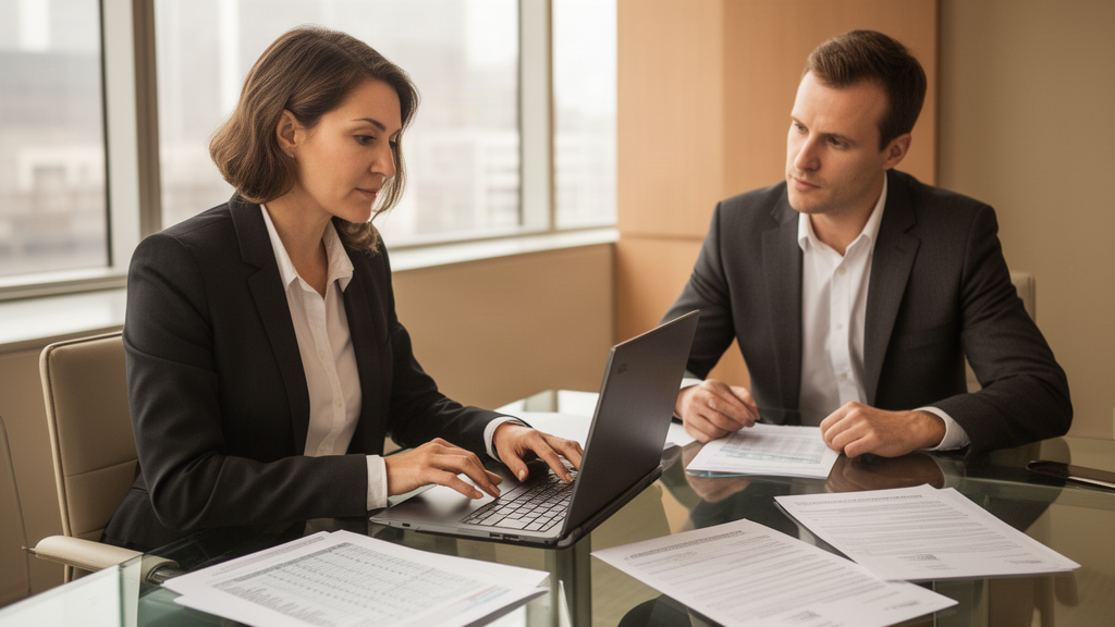 Duas pessoas em reunião empresarial analisando contrato e documentos financeiros em escritório moderno