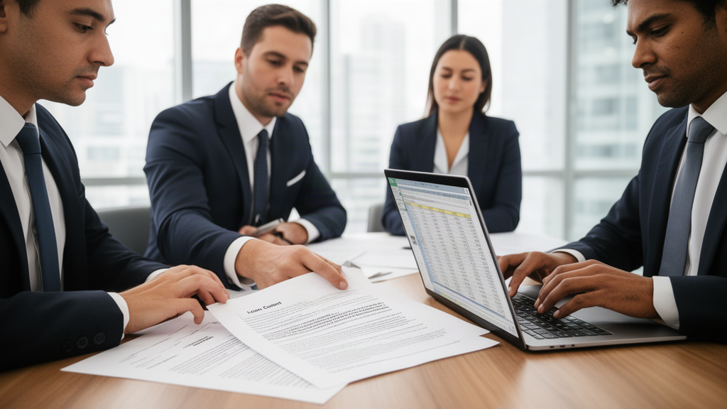 Equipe empresarial analisando contrato de empréstimo e planilha em sala clara