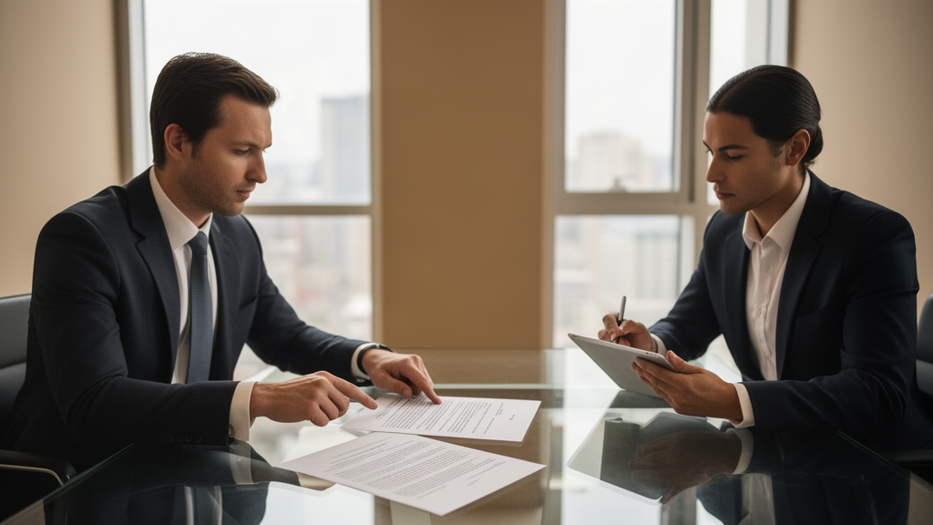 Duas pessoas em reunião empresarial analisando contrato e documentos em mesa de vidro