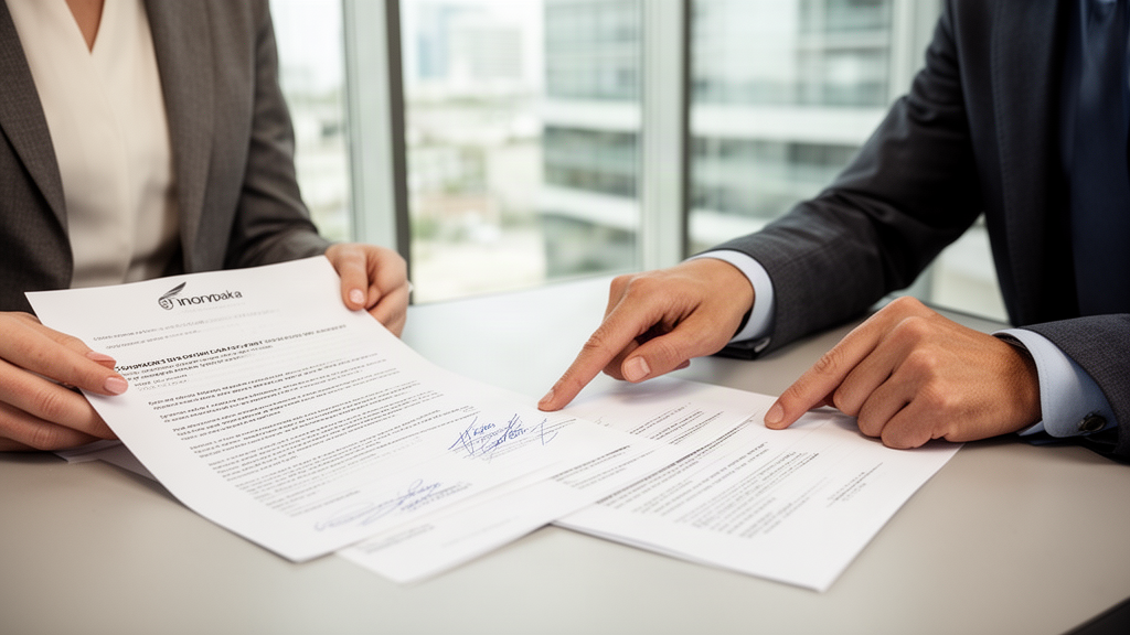 Profissionais revisando contrato bancário em escritório corporativo, luz natural