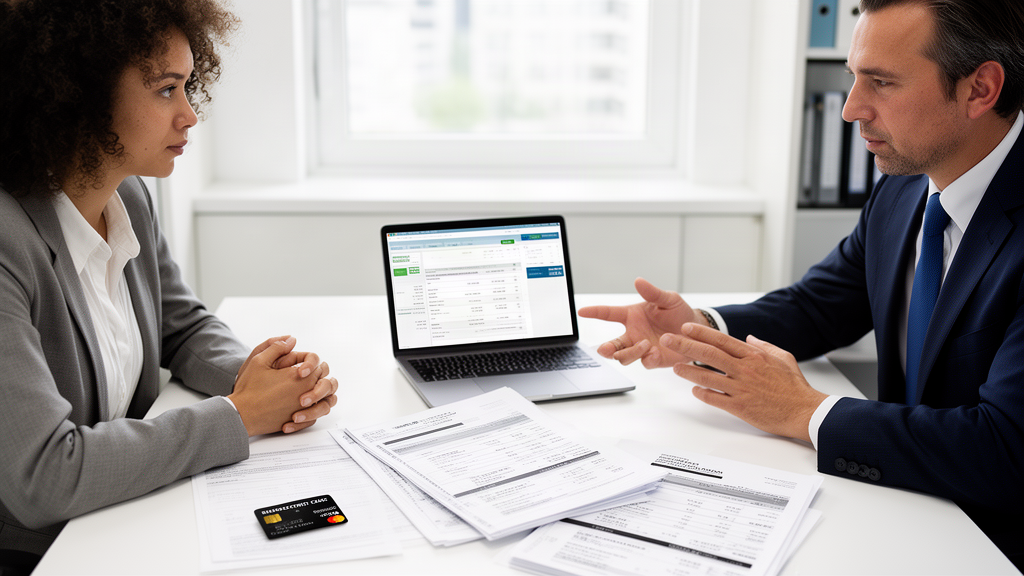 Gerente bancário e empresário analisando extratos e cartão em mesa de escritório