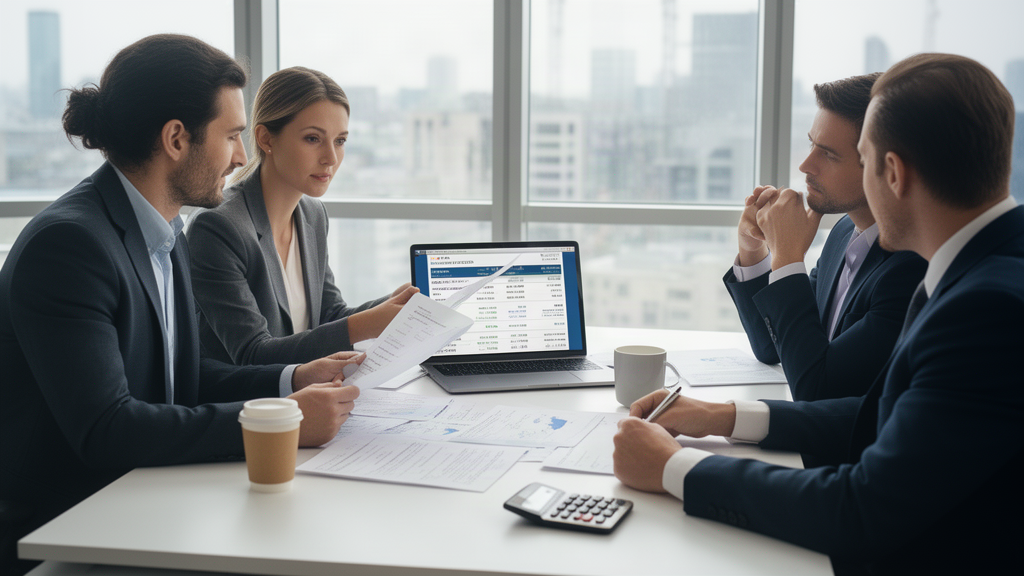 Equipe empresarial analisando extratos e contratos em escritório claro, luz natural