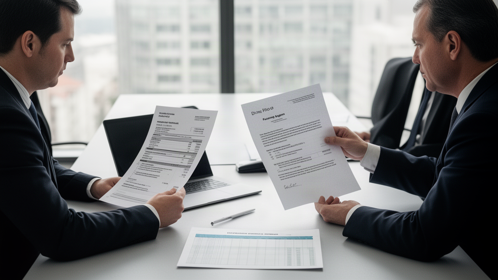 Advogado e CFO revisando extratos e contrato de factoring em escritório empresarial