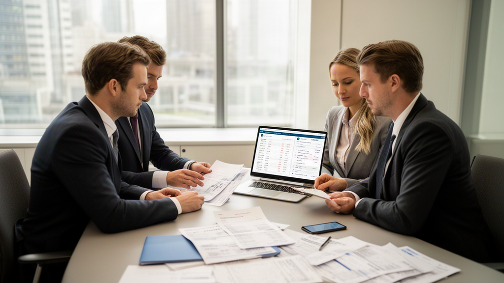 Equipe empresarial analisando extratos e documentos financeiros em escritório claro