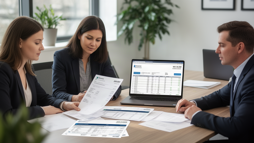 Equipe financeira revisando extrato bancário e planilha de folha em escritório corporativo