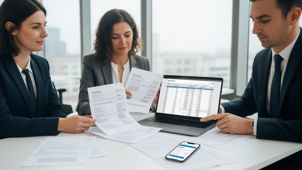 Equipe empresarial analisando extratos e planilha da folha em escritório moderno