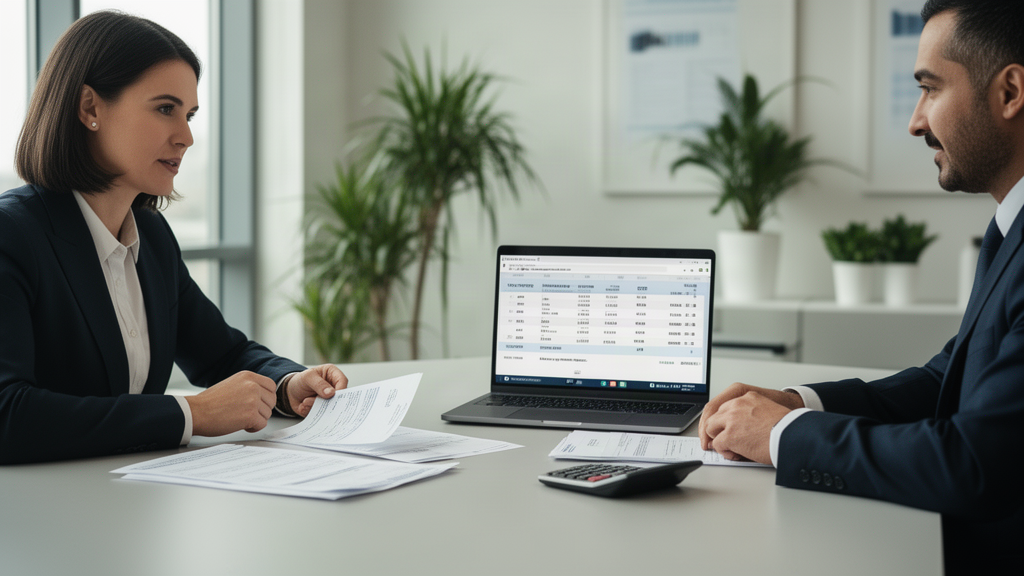 Advogado e gestor revisando extratos e relatórios de marketplace em escritório corporativo