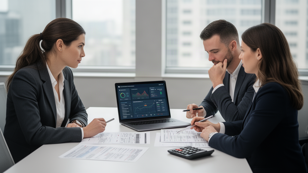 Equipe financeira analisando relatórios de marketplace e extratos bancários em escritório corporativo