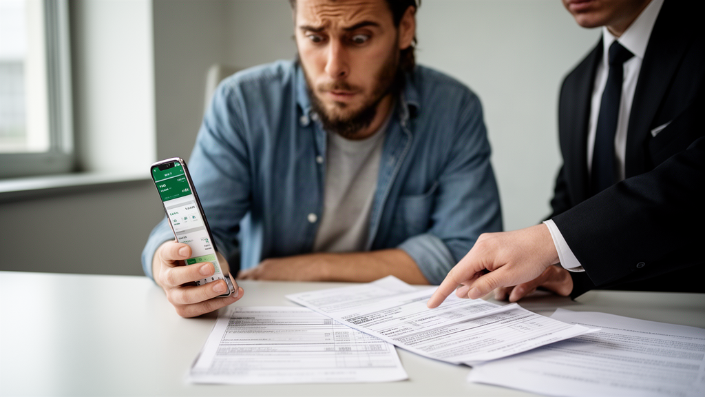 Empresário e advogado analisando extratos e notificação bancária em escritório