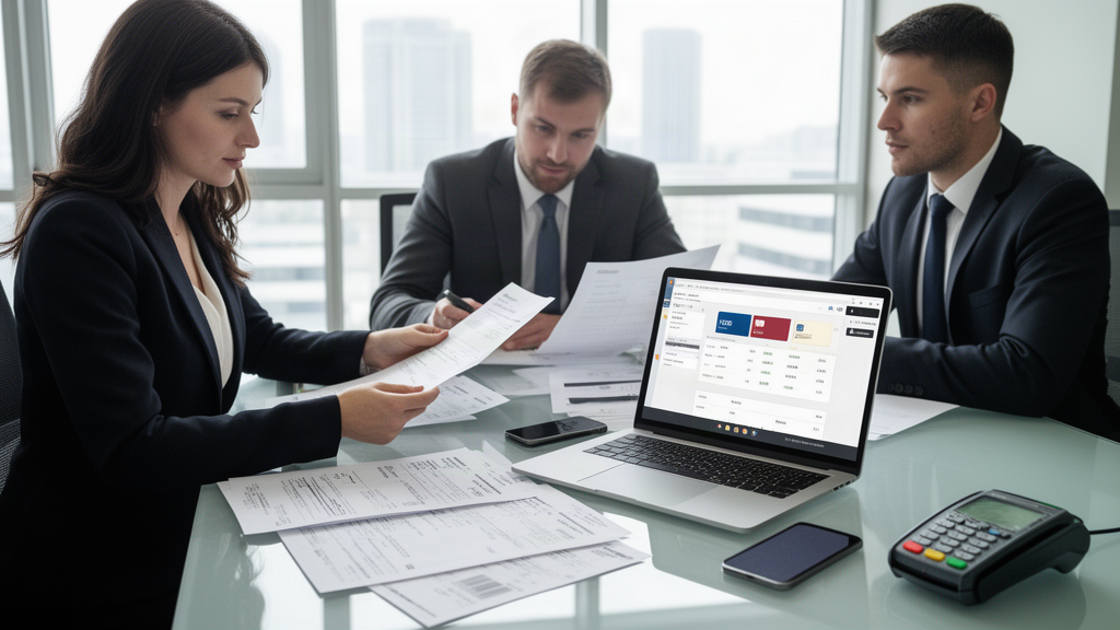 Equipe empresarial analisando relatórios de recebíveis de cartão em escritório moderno