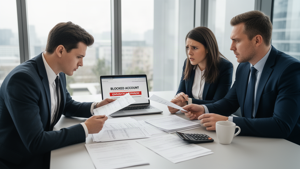 Equipe corporativa analisando extratos e laptop com notificação de bloqueio judicial SisbaJud
