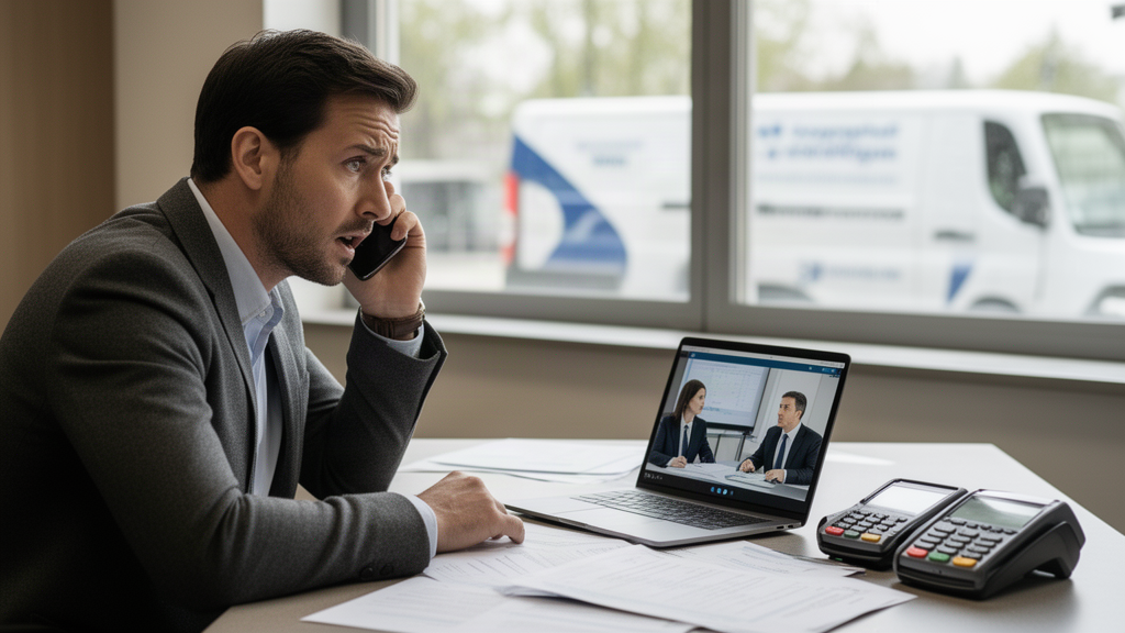 Empresário ao telefone com advogado, documentos e maquininha sobre a mesa, van empresarial à vista