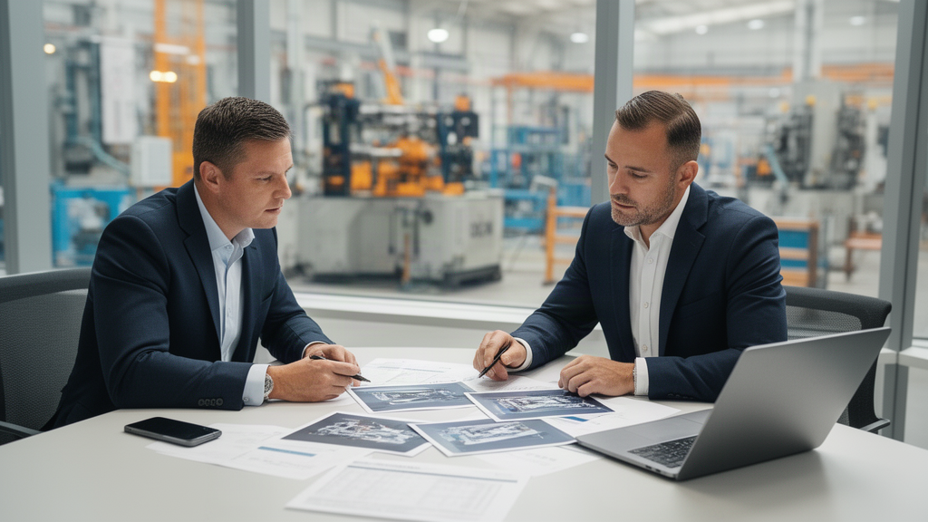 Advogado e gerente revisando documentos e fotos de equipamento industrial em escritório da empresa