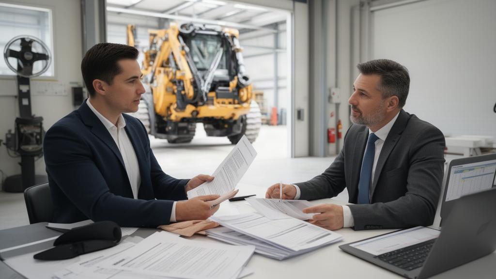 Advogado e empresário revisando contrato com maquinário industrial visível ao fundo
