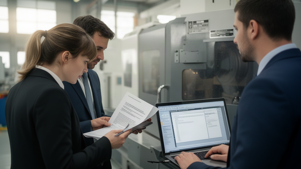 Equipe empresarial inspecionando máquina industrial após ordem de apreensão, com documentos e laptop