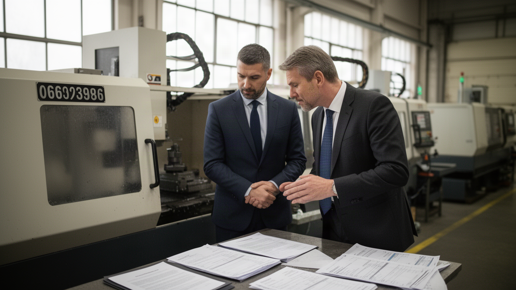 Empresário e advogado verificando número de série de máquina industrial com contratos sobre a mesa