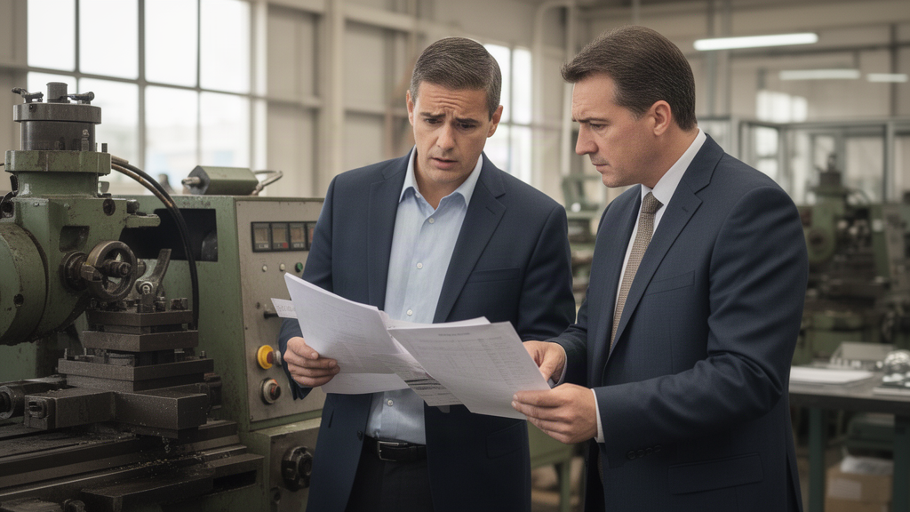 Advogado e empresário analisando documentos ao lado de máquina industrial em fábrica