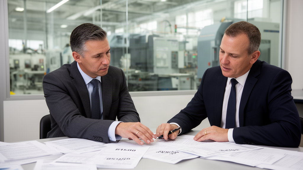 Advogado e empresário analisando documentos com máquinas industriais ao fundo em escritório claro